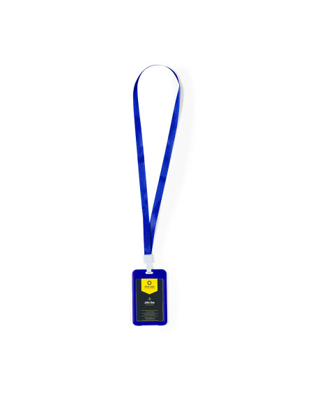 Lanyard publicitario con portatarjetas en PVC y mosquetón.