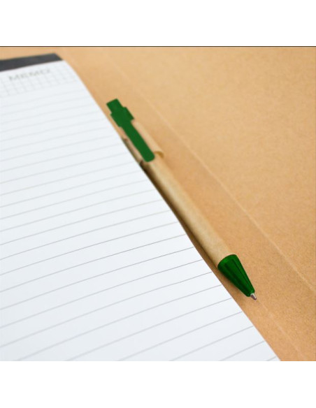 Carpeta ECO personalizada, cartón reciclado, bloc y notas adhesivas.