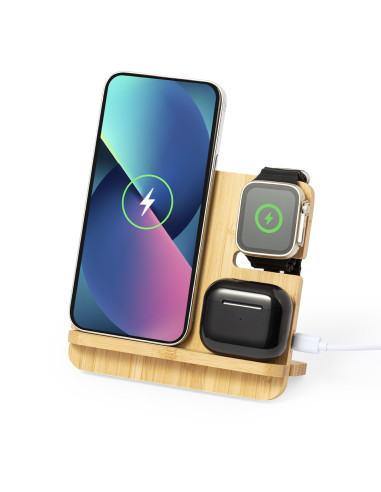 Cargador publicitario 15W, multicargador en Bambú.