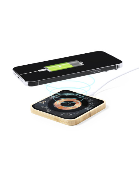 Cargador personalizado ECO 15W en Bambú, transparente.