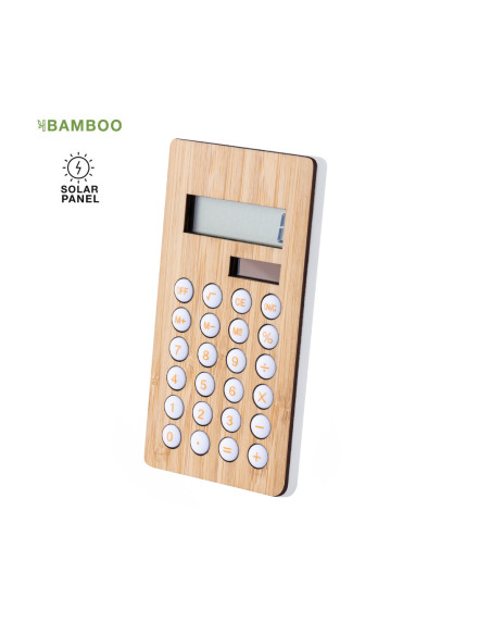 Calculadora ECO personalizada en bambú con energía solar y pila.