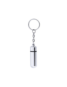Llavero pastillero personalizado en aluminio brillante.