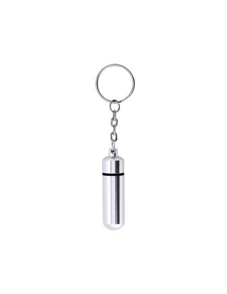 Llavero pastillero personalizado en aluminio brillante.