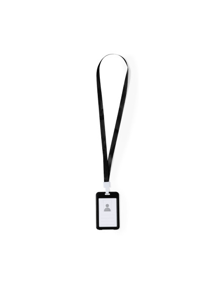 Lanyard publicitario con portatarjetas en PVC y mosquetón.