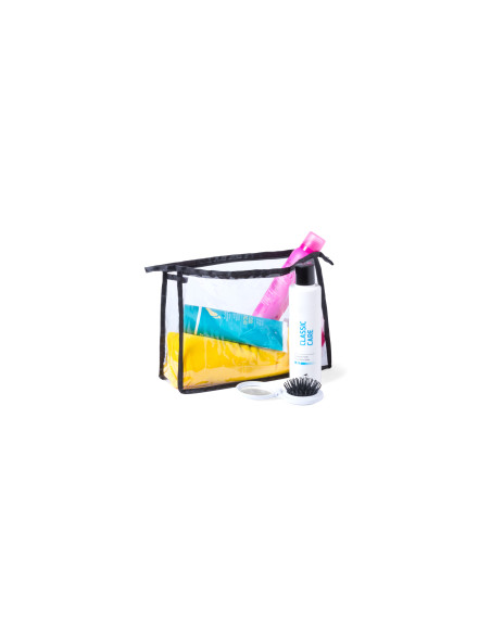 Neceser de publicidad con ribetes coloridos en PVC transparente.